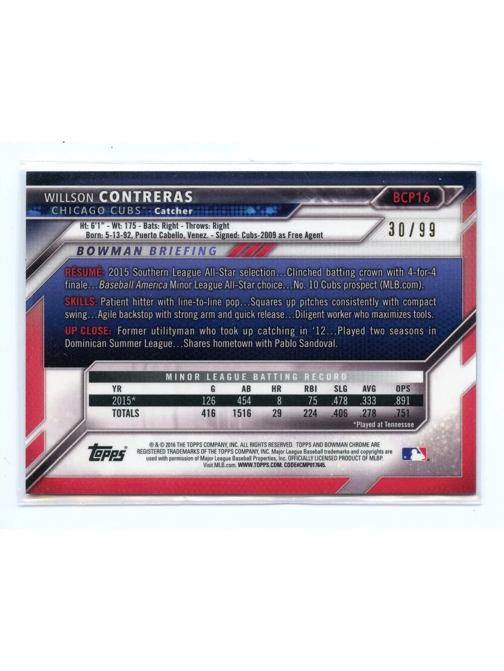 2016 Bowman Chrome Prospects Willson Contreras Green Shimmer Refractor 30/99 RC